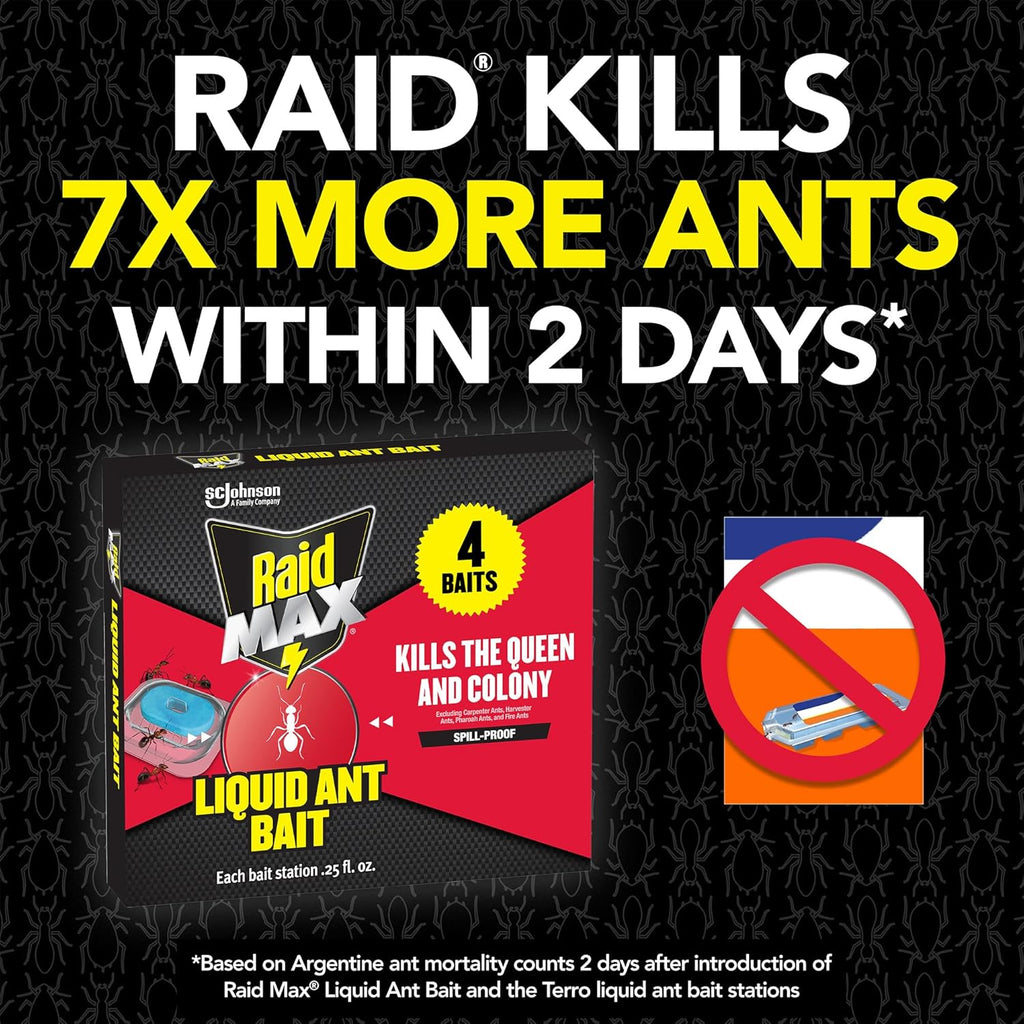 Raid Max Liquid Ant Bait; Kills Ants Where They Breed, for Indoor and Outdoor Use; 4 Bait Stations