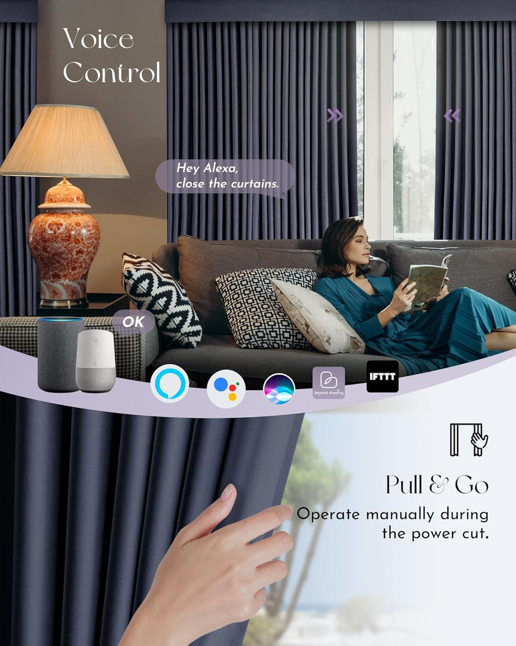 Graywind Hardwired Smart Curtains Compatible with Alexa Google Remote Control Motorized Drape for Sliding Door One-Way or Split Draw, Custom Width to 220" (Sapphire Blue)
