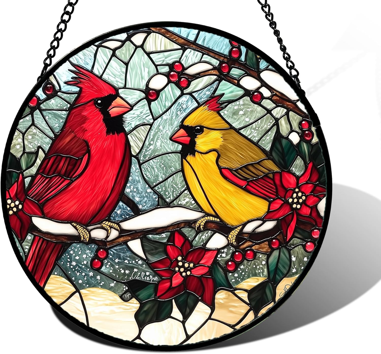Stained Glass Window Hanging, Love Birds Cardinals Sun Catchers Colorful Glass Panel Birds Suncatcher Decor for Birthday for Women, Men, Wife, Lovers, and Mom 9.8 in