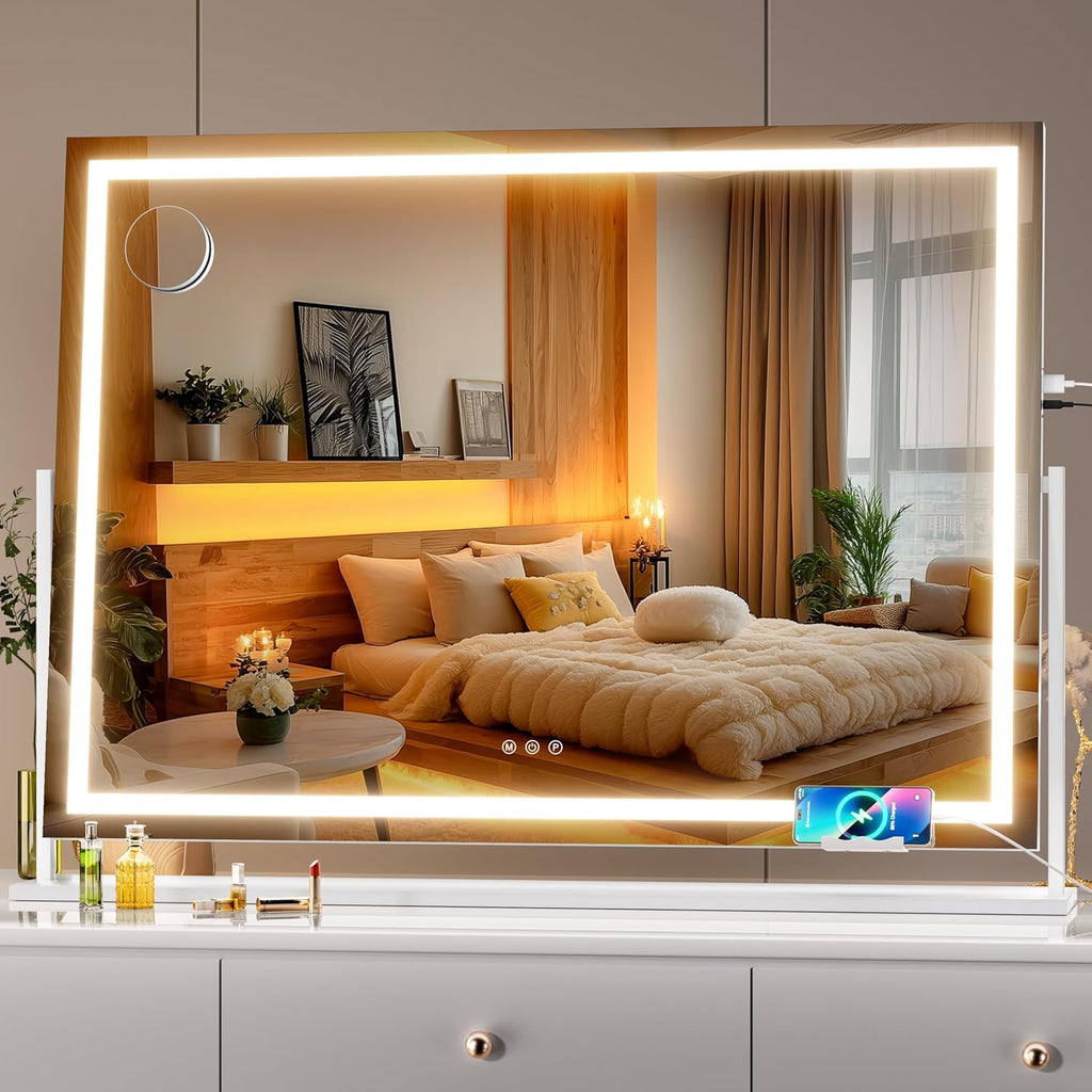 Hasipu Vanity Mirror with Lights, 39.4" x 28.3" LED Makeup Mirror, Light up Mirror with 10X Magnification and Phone Holder, USB Charging Port, Smart Touch 3 Colors Dimmable (White)
