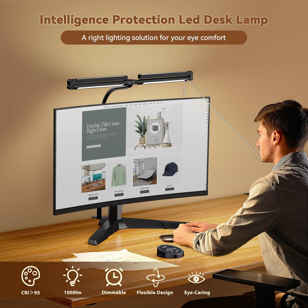 Led Desk Lamps for Home Office - Eye Caring Architect Lamp with Clamp, Double Head Computer Monitor Work Desk Light with Remote Control: 24W Flexible Dimmable Desktop Table Lamp