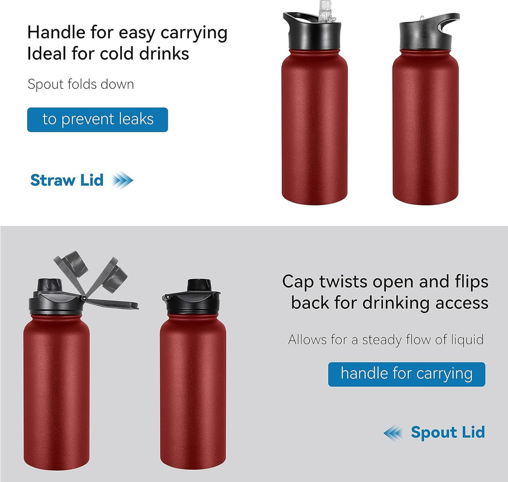 VEGOND 32 oz Insulated Water Bottle Bulk Stainless Steel Metal Water Bottles with Leak Proof Straw Lid & Spout Lid, Wide Mouth Double Walled Vacuum Travel Sports Bottle, Red 8 Pack