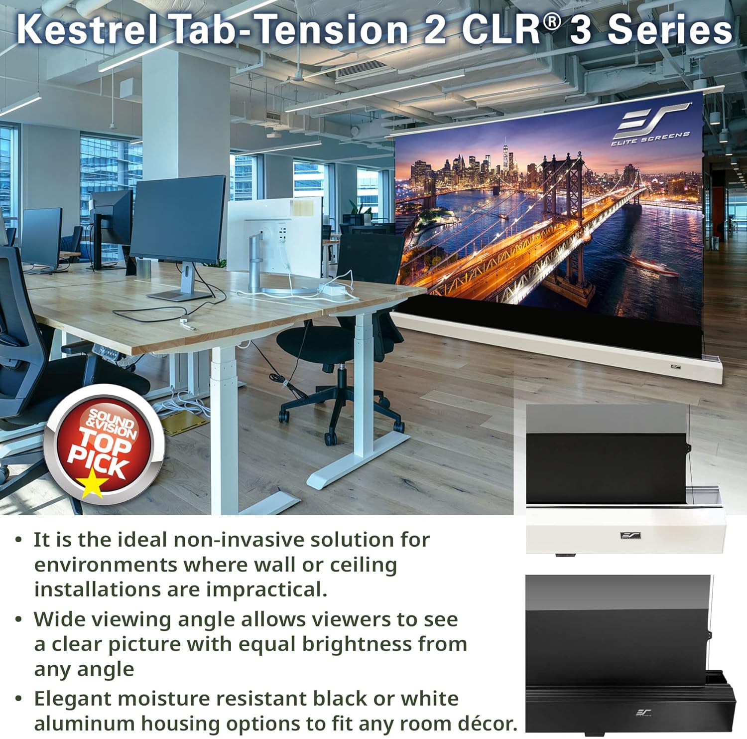 Elite Screens Kestrel Tab-Tension 2 CLR3, 121" 16:9, Ultra-Short Throw Ceiling Ambient Light Rejecting (CLR/ALR) Electric Floor-Rising Motorized Front Projector Screen, Black Casing, FTE121UH3-CLR3