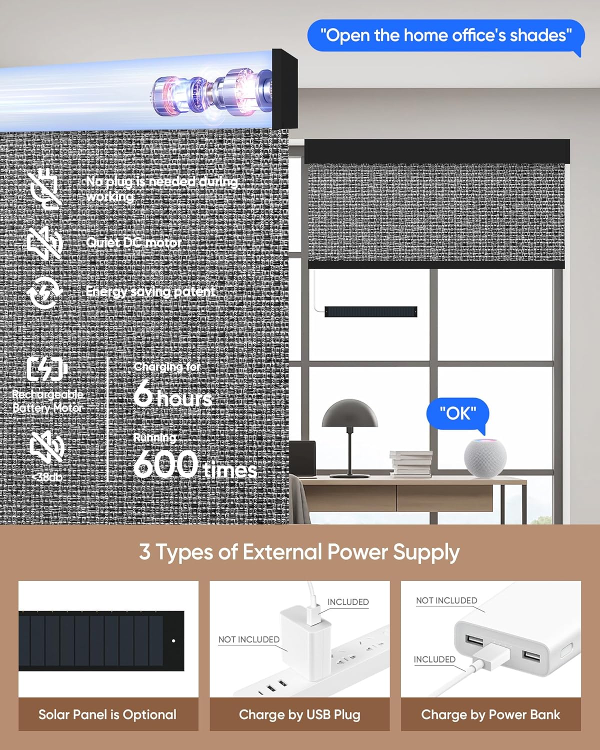 Kincmo Motorized Blinds with Remote,100% Blackout Motorized Roller Shades Work with Apple Homekit,Alexa,Google, Custom Electric Blinds with App,Voice Control (Groove Dark Grey)