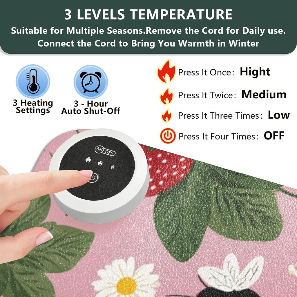 Heated Desk Pad Mouse Pad 31.5x13 Inch PU Leather Desk Mat with 3 Heat Levels Large Mouse Gaming Computer Laptop Mat Pink Bees Flowers Strawberry