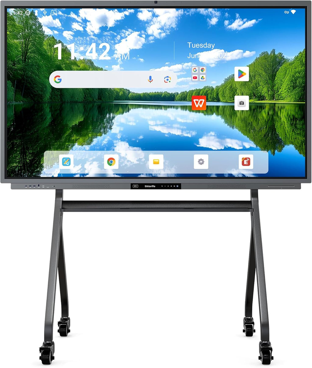 Shiarffe R9 Smart Board with Stand 4K Interactive Whiteboard EDLA-Certified All-in-One Touchscreen Digital Display Built-in 50MP AI Camera Mics and 60W Speaker for Classrom Hybrid Work
