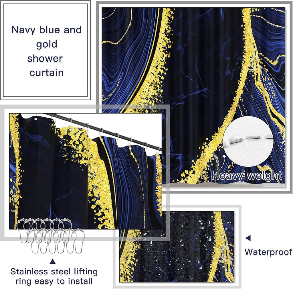 25PCS Bathroom Accessory Set, Navy Blue Bathroom Set with Large-Capacity 4 Gallon Trash Can,Bathroom Rugs Set, Waterproof Shower Curtain, Toilet Brush, Toothbrush Holder & Soap Dispenser