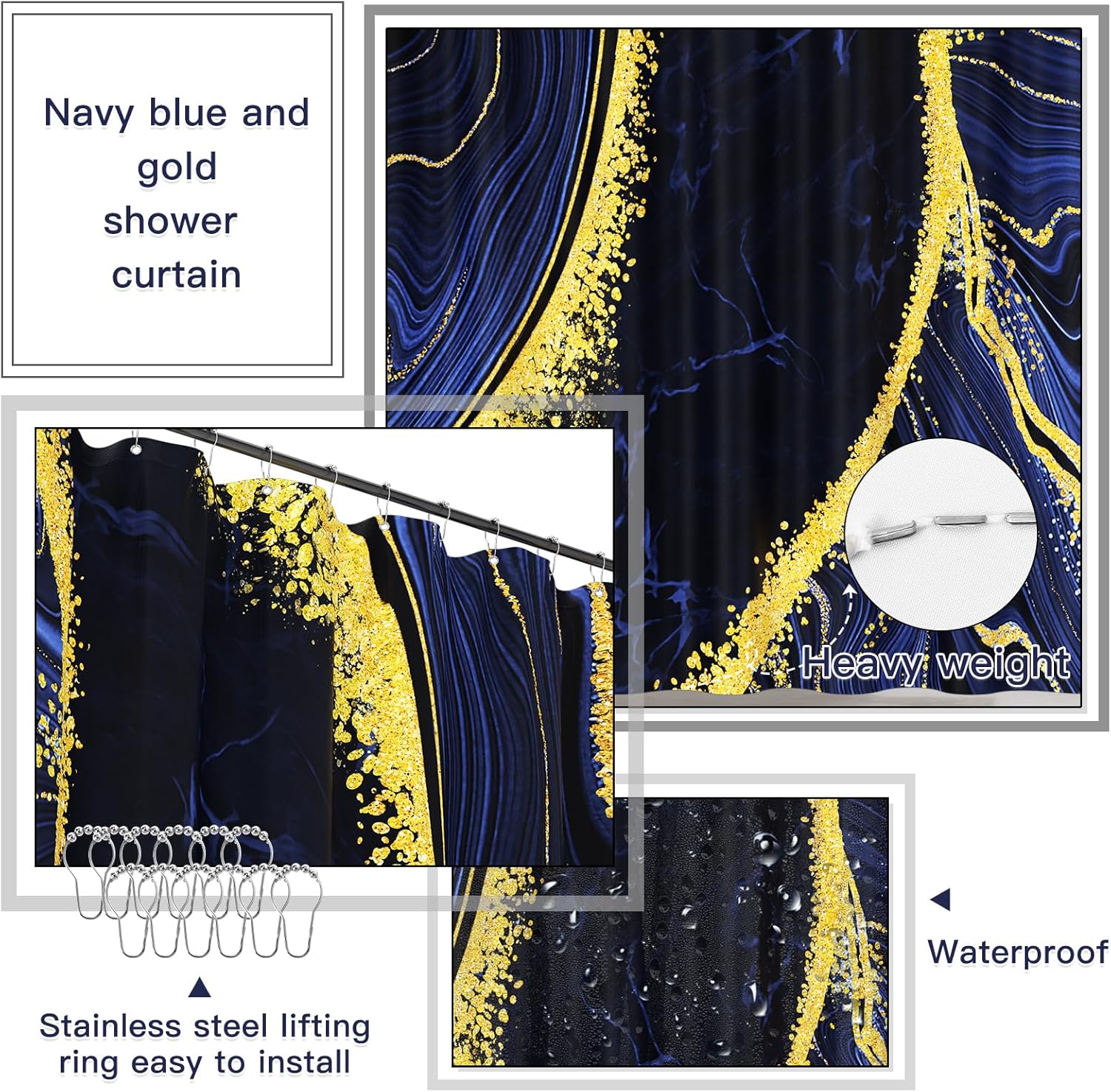 25PCS Bathroom Accessory Set, Navy Blue Bathroom Set with Large-Capacity 4 Gallon Trash Can,Bathroom Rugs Set, Waterproof Shower Curtain, Toilet Brush, Toothbrush Holder & Soap Dispenser