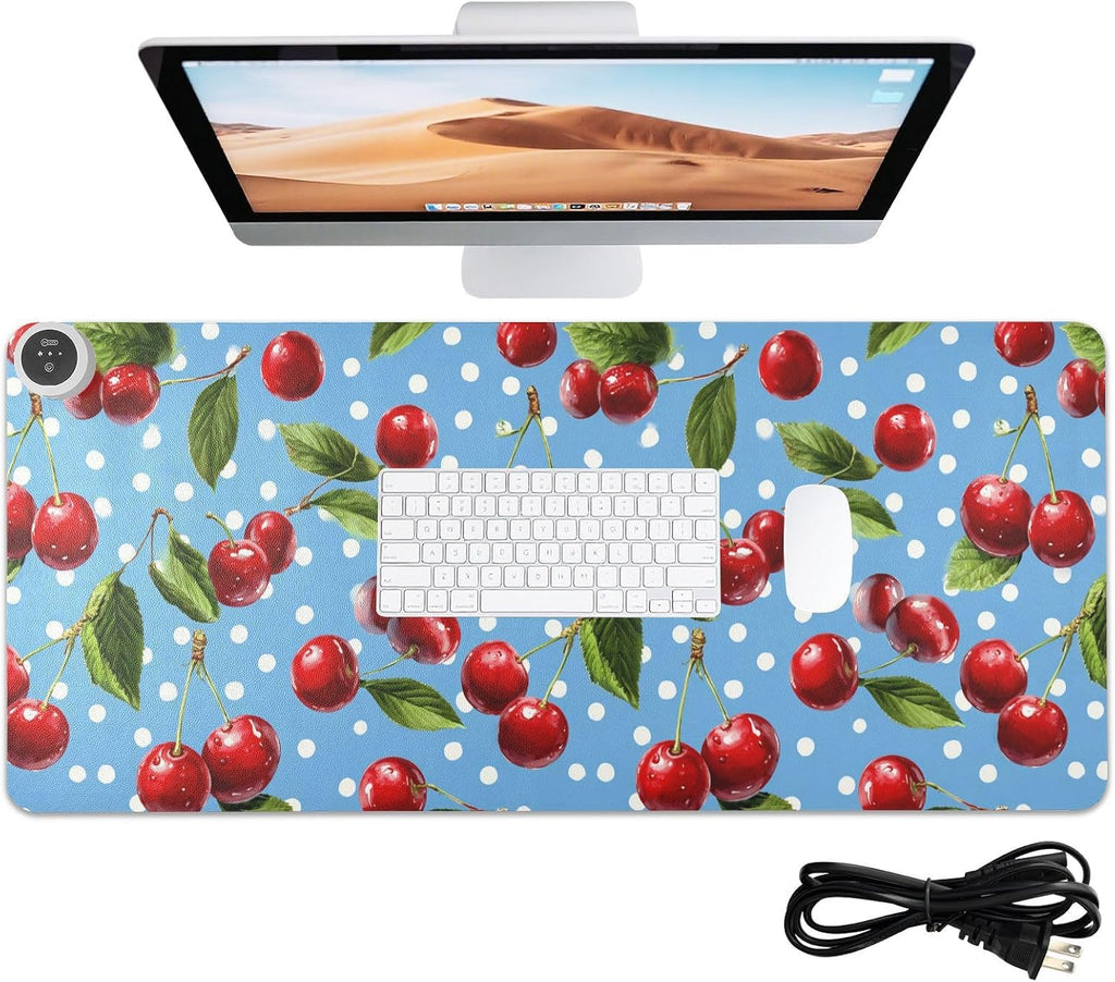 Heated Desk Pad Mouse Pad 31.5x13 Inch PU Leather Desk Mat with 3 Heat Levels Large Mouse Gaming Computer Laptop Mat Blue Dots Red Cherry