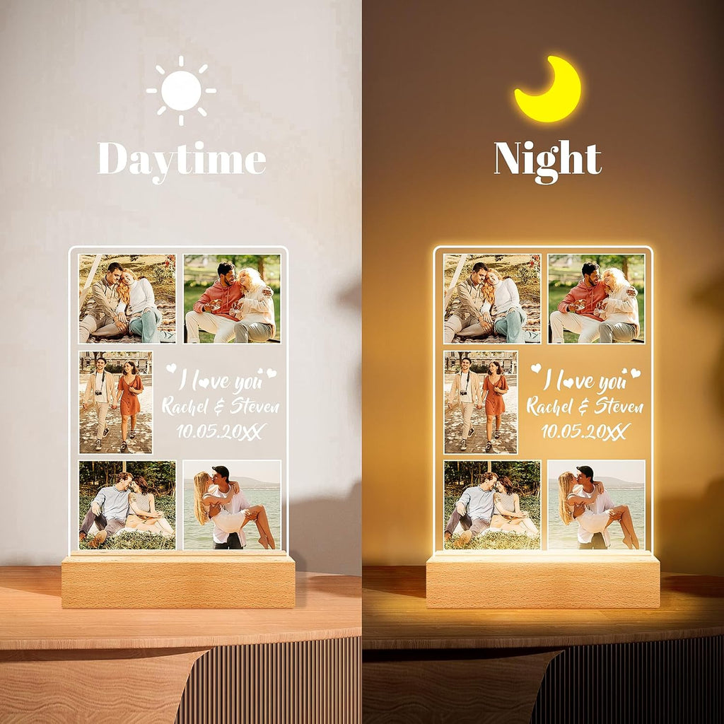 Custom Picture Frame with Photo, Customized Photo Frame with Night Light, Personalized Boyfriend Girlfriend Gifts for Couples, Personalized Anniversary Valentines Day Gifts for Women Men Her Him Wife