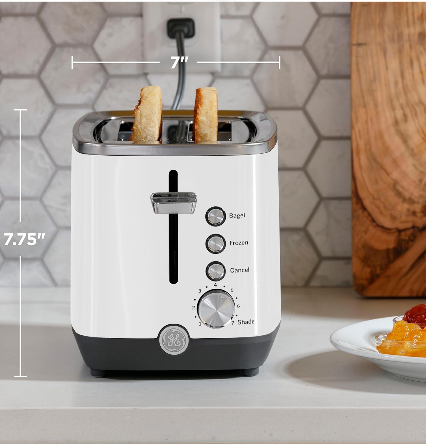 GE 2 Slice Toaster, Extra Wide Slots for Toasting Bagels, Breads, Waffles & More, 7 Adjustable Shade Settings, Removable Crumb Tray, Countertop Kitchen Essentials, 850 Watts, White