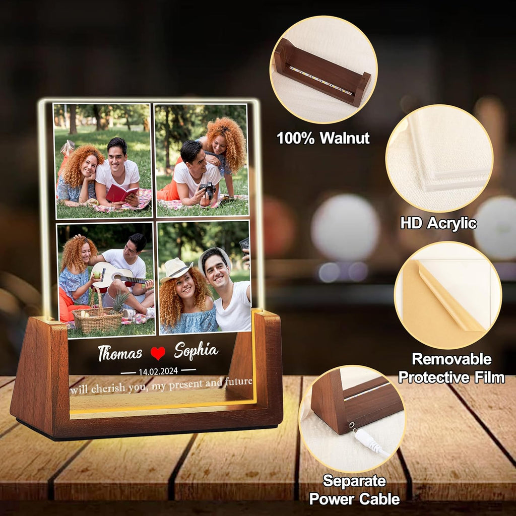 Personalized Couple Gifts For Boyfriend Girlfriend Him Her, Custom Acrylic Plaque Light Up Picture Frame With Photo Name, Anniversary Birthday Christmas Gifts For Women Men Husband Wife