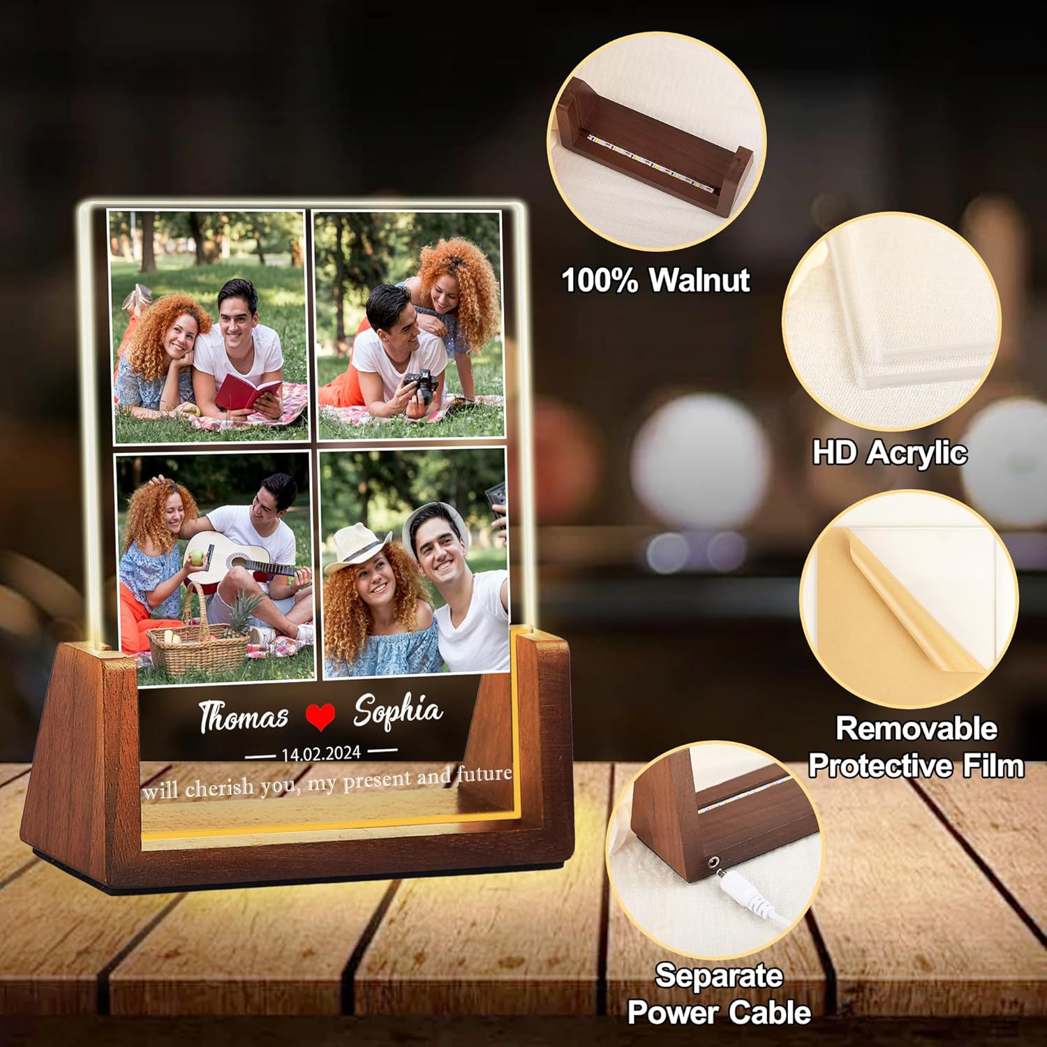 Personalized Couple Gifts For Boyfriend Girlfriend Him Her, Custom Acrylic Plaque Light Up Picture Frame With Photo Name, Anniversary Birthday Christmas Gifts For Women Men Husband Wife