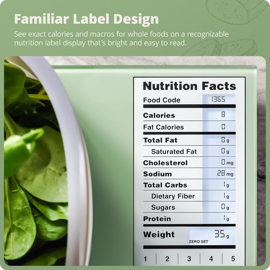 Greater Goods Digital Nutrition Scale – Accurate Macro and Calorie Tracking for Meal Prep, Weight Loss, and Healthy Eating | 2,000 Built-in Foods, Intuitive Nutrition Label Display, 11lb Cap, Green
