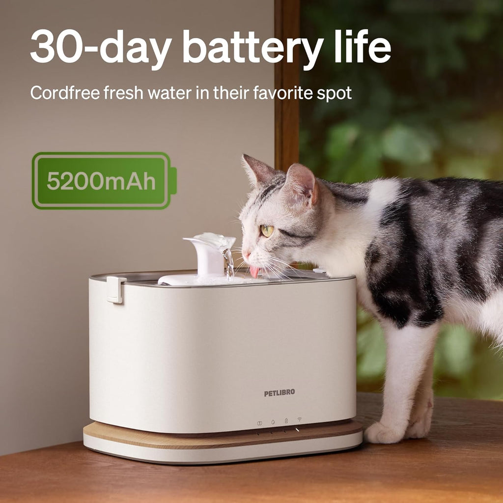 PETLIBRO Upgrade Cat Water Fountain, Cordless Cat Fountain Battery Operated, App Monitoring 3L/101oz Dockstream 2 Pet Water Fountain with Stainless Steel Tray, 5GHz WiFi Dog Water Bowl Dispenser