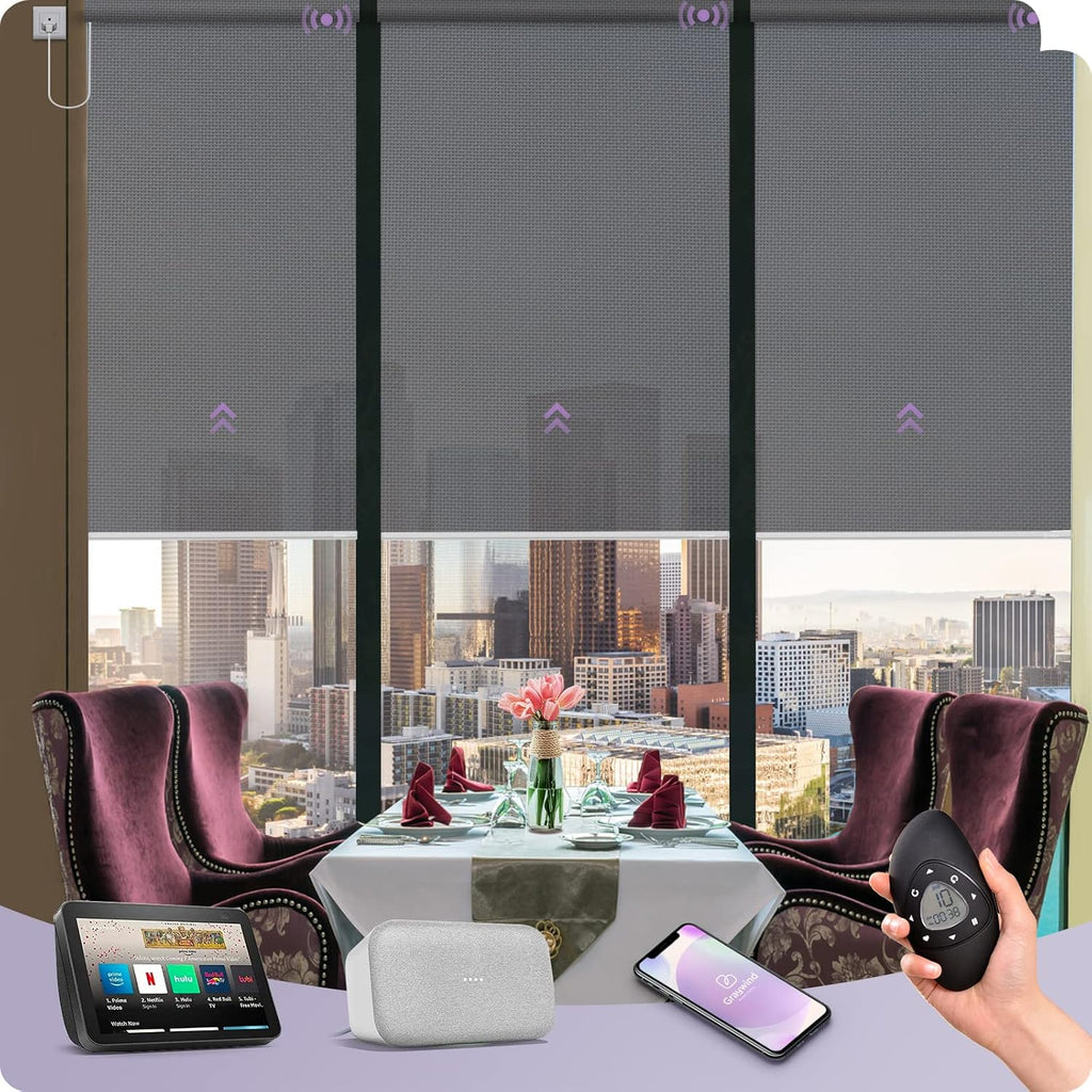 Graywind Motorized Solar Shades Compatible with Alexa Google Hardwired WiFi Smart Light Filtering Blind Remote Control Automated Blinds Electric Window Shade, Custom Size (5% Openness Grey)