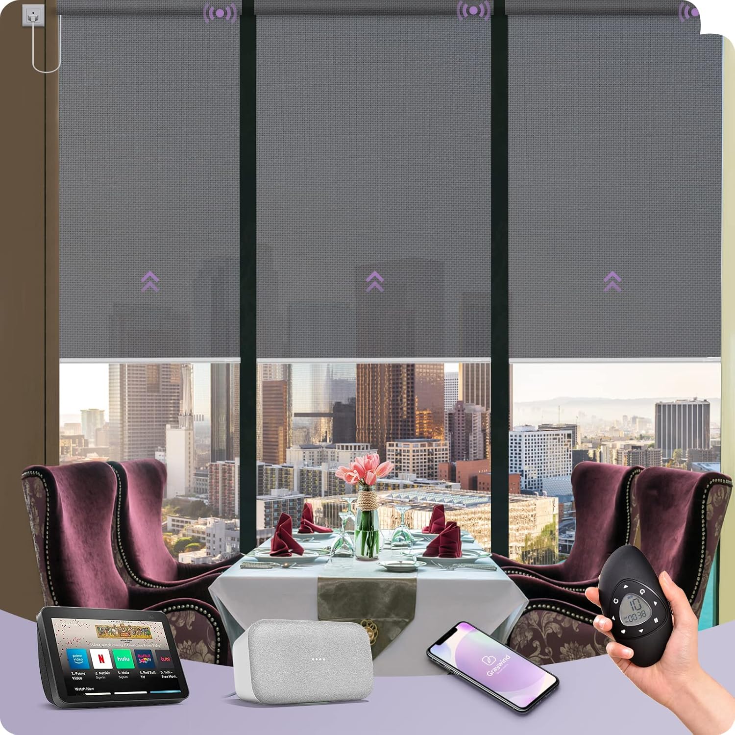 Graywind Motorized Solar Shades Compatible with Alexa Google Hardwired WiFi Smart Light Filtering Blind Remote Control Automated Blinds Electric Window Shade, Custom Size (5% Openness Grey)