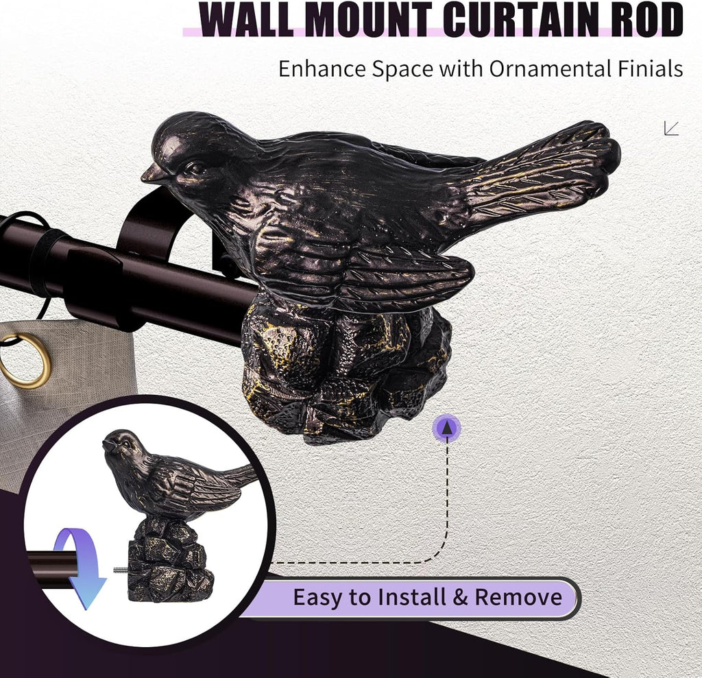 Curtain Rods 48 to 90 Inches Vintage Oil Bronze Curtain Rods for Windows Adjustable Drapery Rod with Bird Finials Heavy Duty Window Brown Curtains Rod for Living Room Bedroom