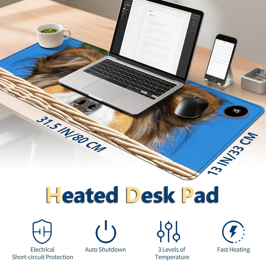 Heated Mouse Pad with 3 Temperature Settings(104°F–122°F),Large 31.5x13 Inch PU Leather Heated Desk Mat,Waterproof Warming Pad for Office,Gaming & Cold Hands Relief,Cute Dog