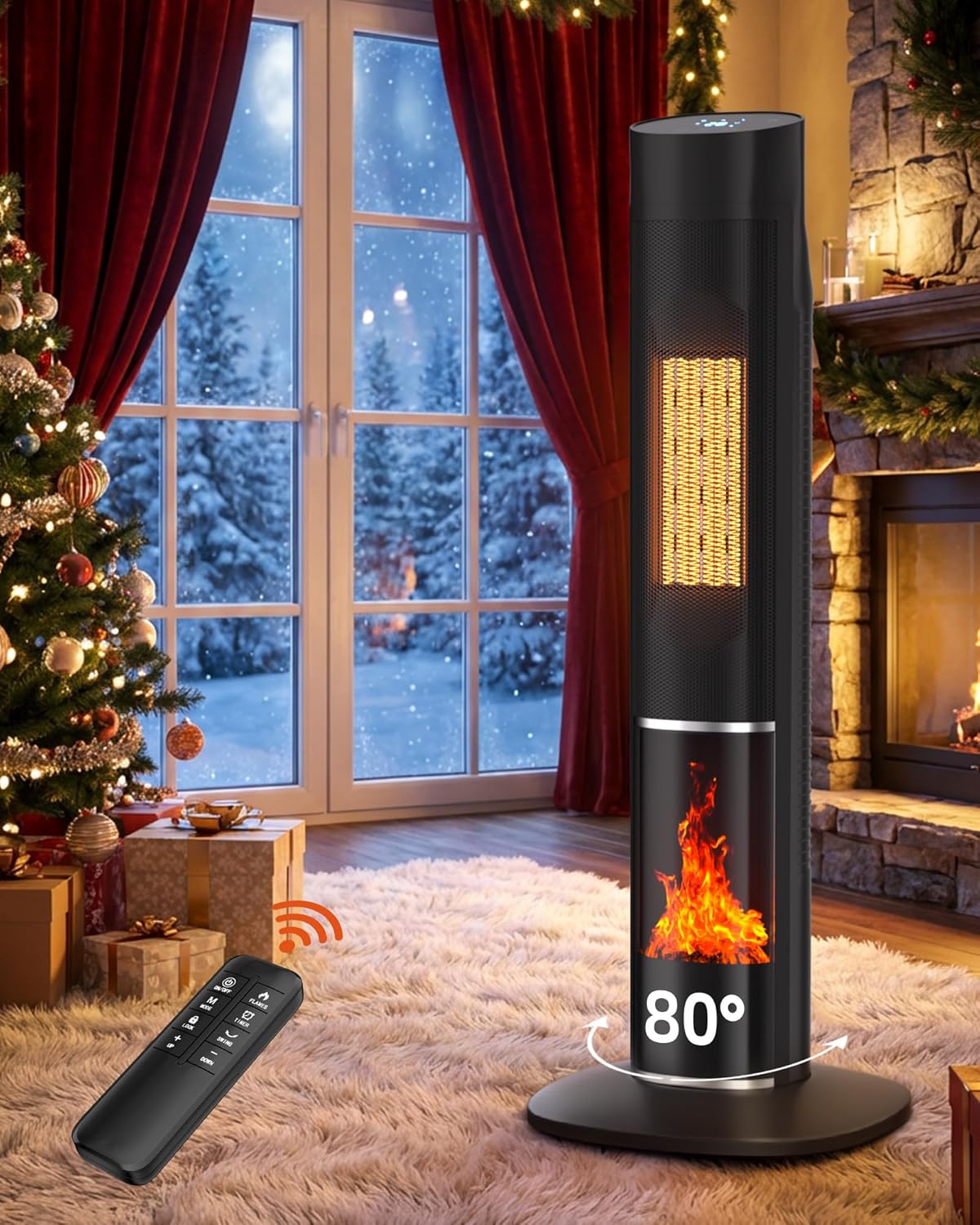 MEPTY 1500W Portable Space Heater Large Room, Electric Space Heaters for Indoor Use with 120° Oscillation, 24H Timer, ECO Mode, 3D Flame, Energy Efficient, Tower Heaters for Office, Bedroom