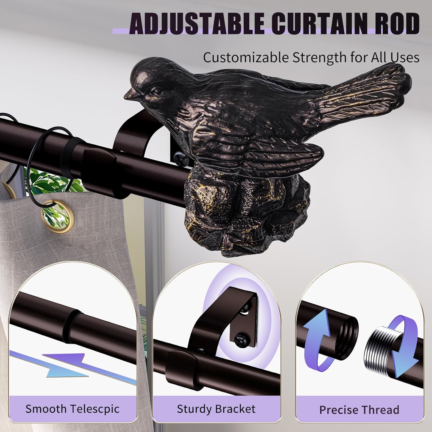 Curtain Rod 36 to 168 Inches Vintage Oil Bronze Curtain Rods for Windows Adjustable Drapery Rod with Bird Finials Heavy Duty Window Brown Curtains Rods for Living Room Bedroom