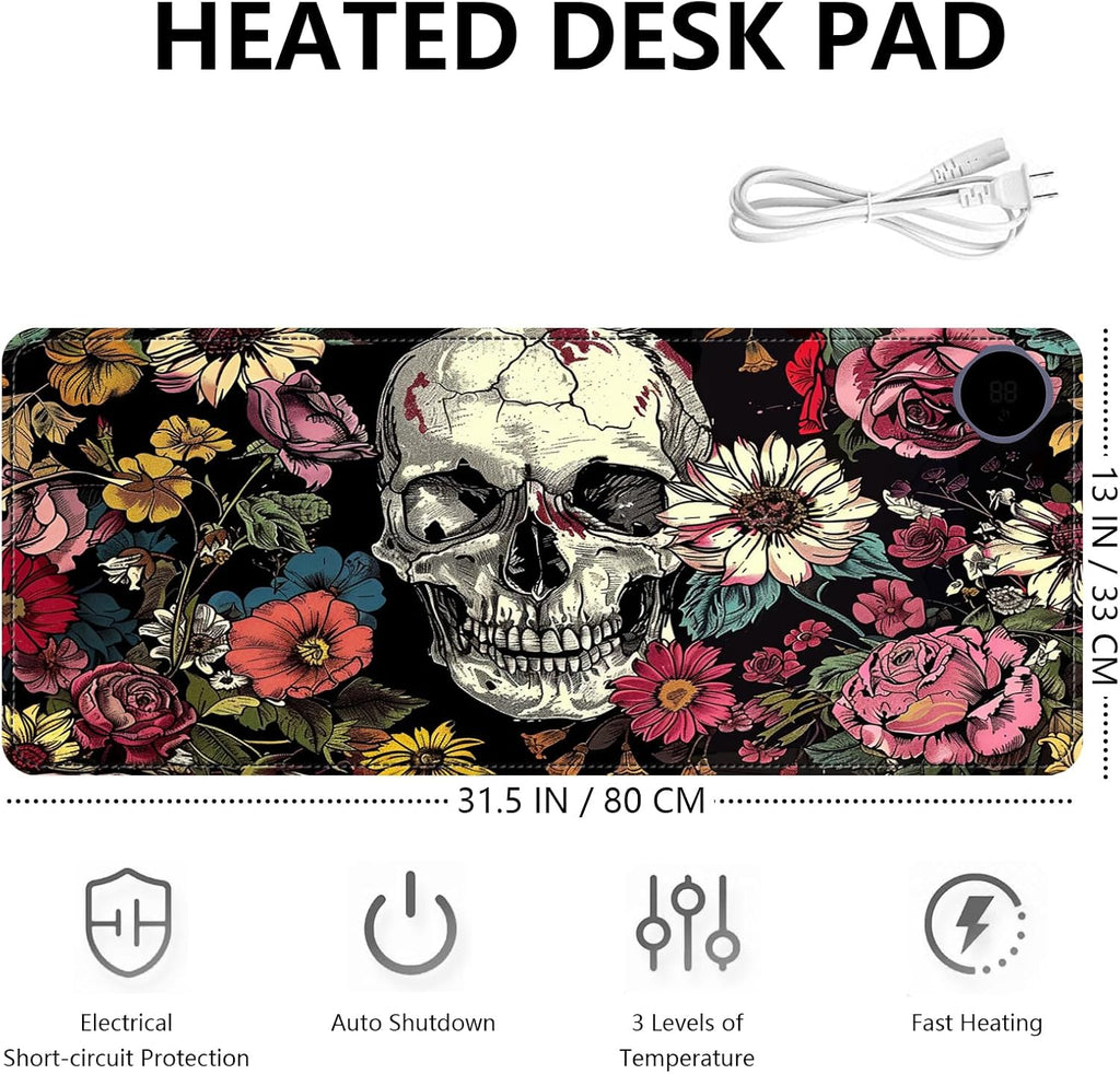 Heated Mouse Pad with 3 Levels Heated & 3 Hours Auto Shut-Off Mouse Pad for Warming Hands in Office Home, 31.5" x 13"Large Safe Desk Mat Hand Warmer，Skull in Flowers