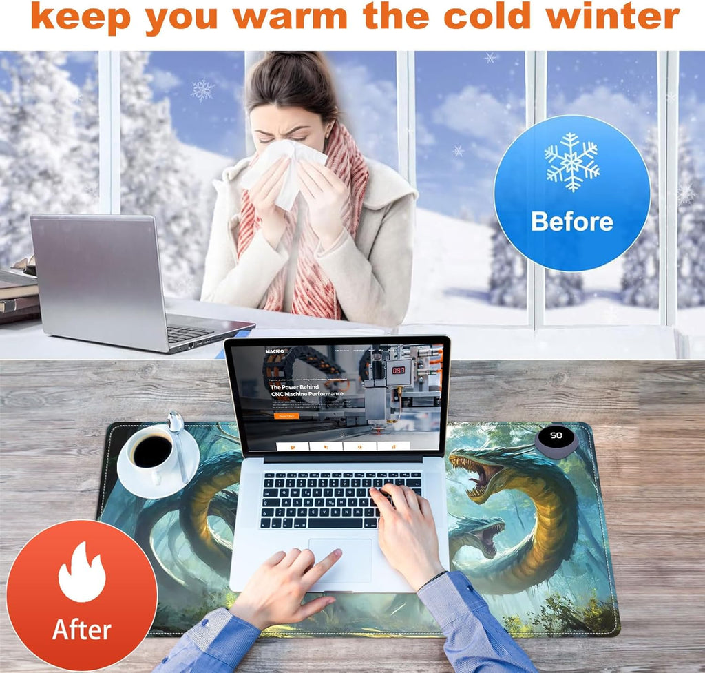Small Heated Desk Pad 23.6" x 14.2" – Compact Electric Mouse Pad with 3 Heating Levels, Auto Shut-Off, Waterproof PU Surface, Plug-in Warmer for Office or Home Use, Serpent Beast