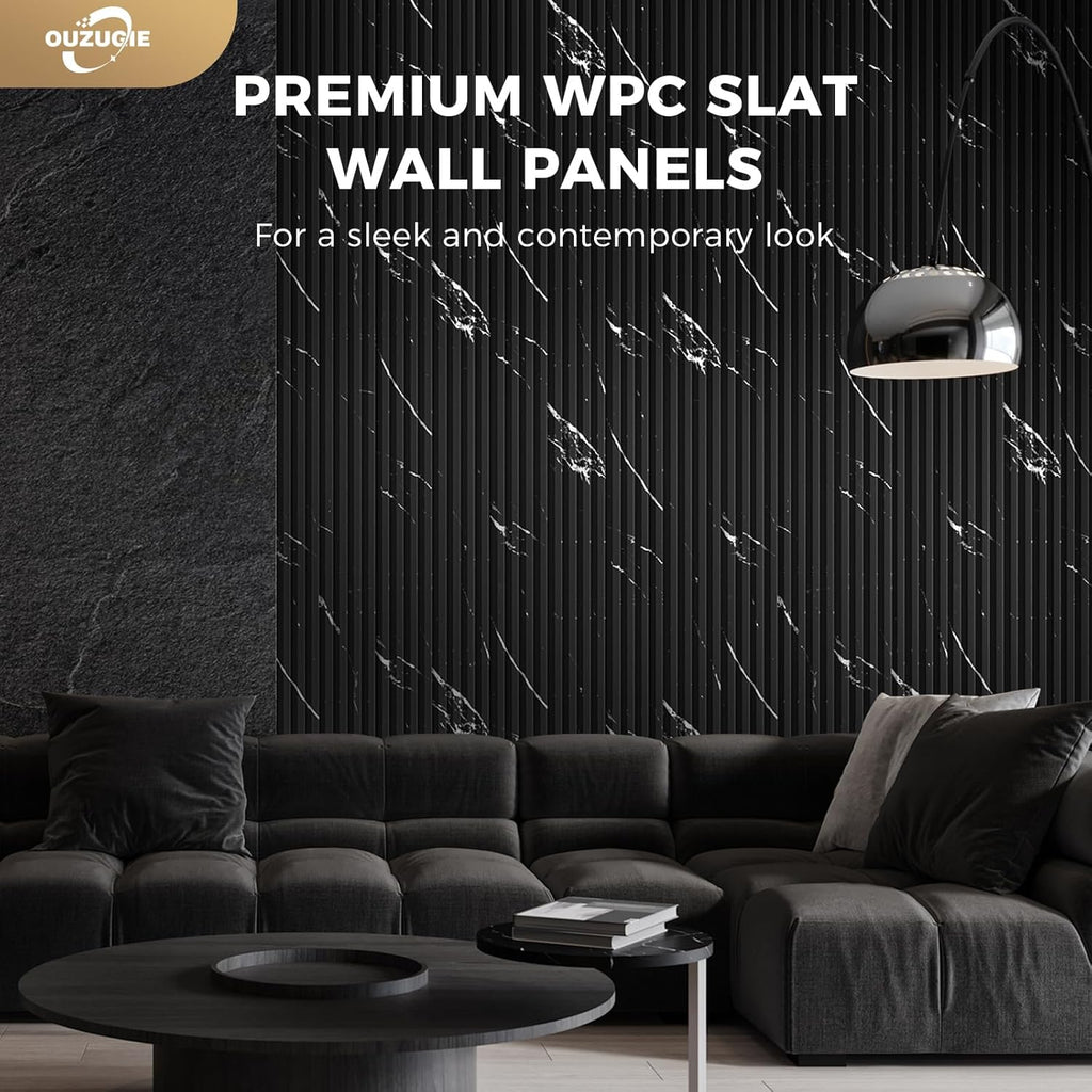 OUZUGIE WPC Acoustic Slat Wall Paneling, 8-Pack 96 x 6 Inches 3D Wall Panels for Interior Wall Decor,Living Room,TV Background,Study Room,Office Spaces,Bedroom,High Grille (Black Marble-1)