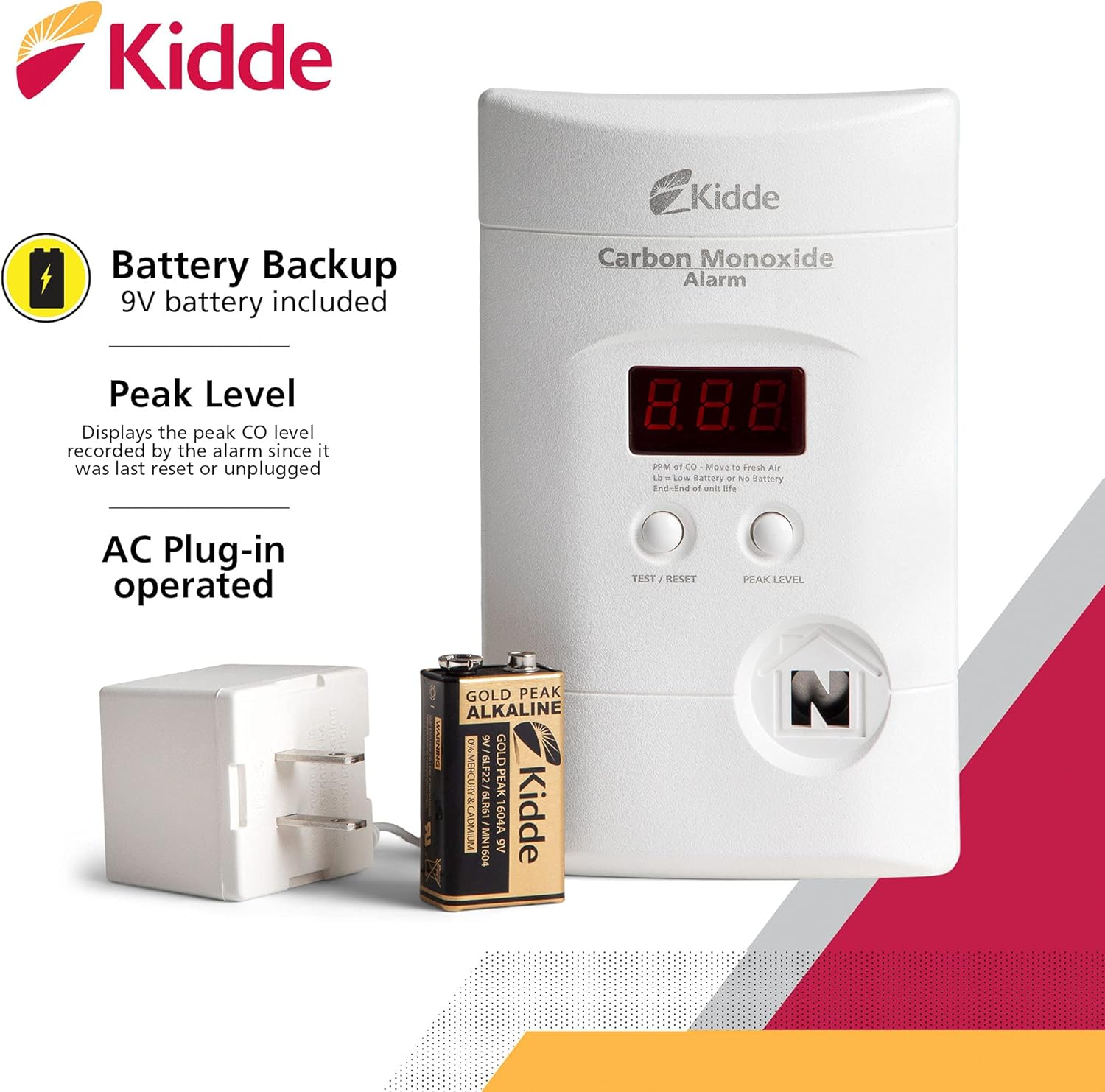 Kidde Carbon Monoxide Detector, Plug In Wall with 9-Volt Battery Backup, Digital LED Display