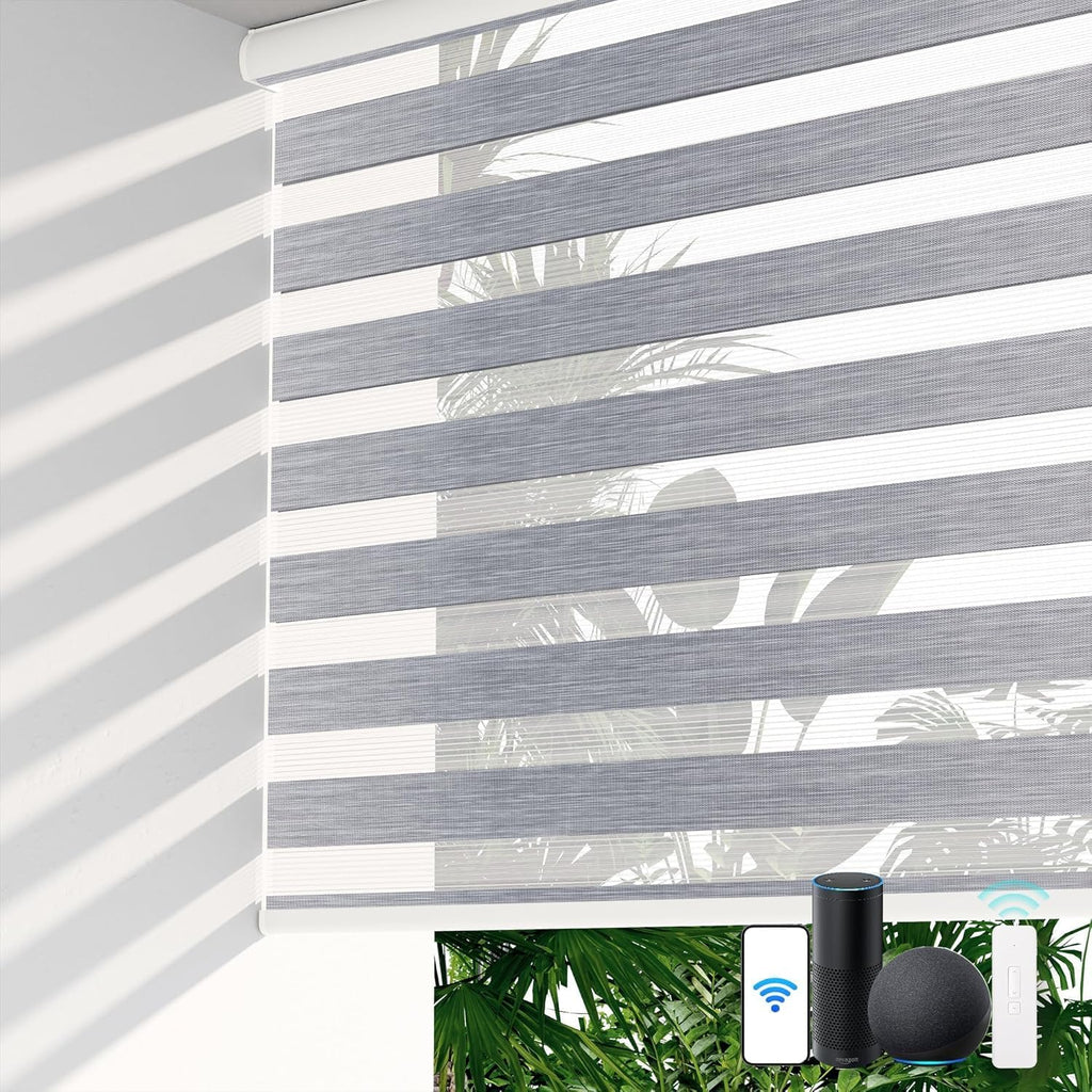 LazBlinds Motorized Zebra Roller Shades, Rechargeable Smart Blinds with Remote Control, Custom Size Light Filtering Dual Layer Roller Sheer Shades, Grey Linen