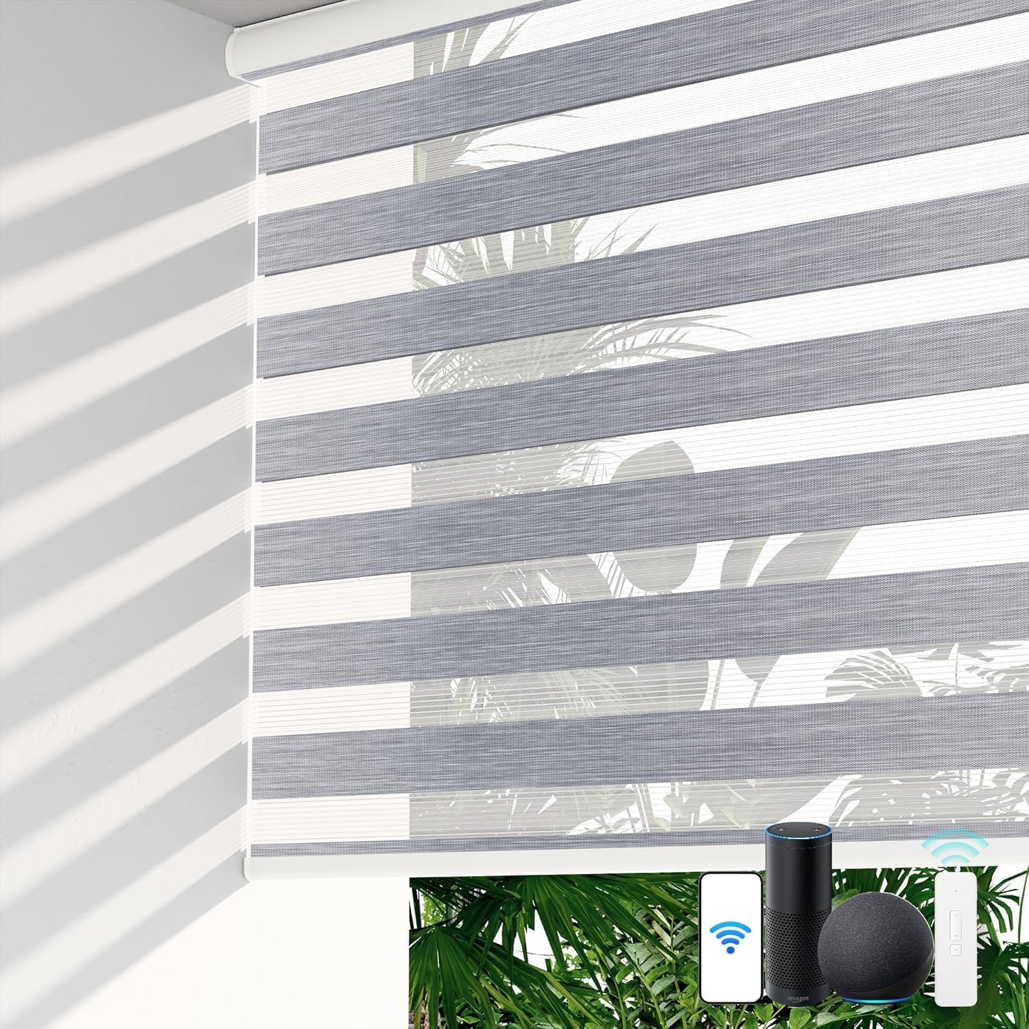 LazBlinds Motorized Zebra Roller Shades, Rechargeable Smart Blinds with Remote Control, Custom Size Light Filtering Dual Layer Roller Sheer Shades, Grey Linen