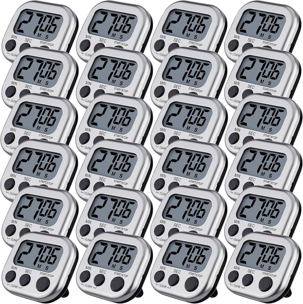 Leumoi 24 Pcs Digital Kitchen Timers Magnetic Back Timers Bulk Large Screen Loud Alarm On/Off Switch Minute Second Count up Countdown Memory Setting for Cooking Classroom Exercise (Sliver and Black)
