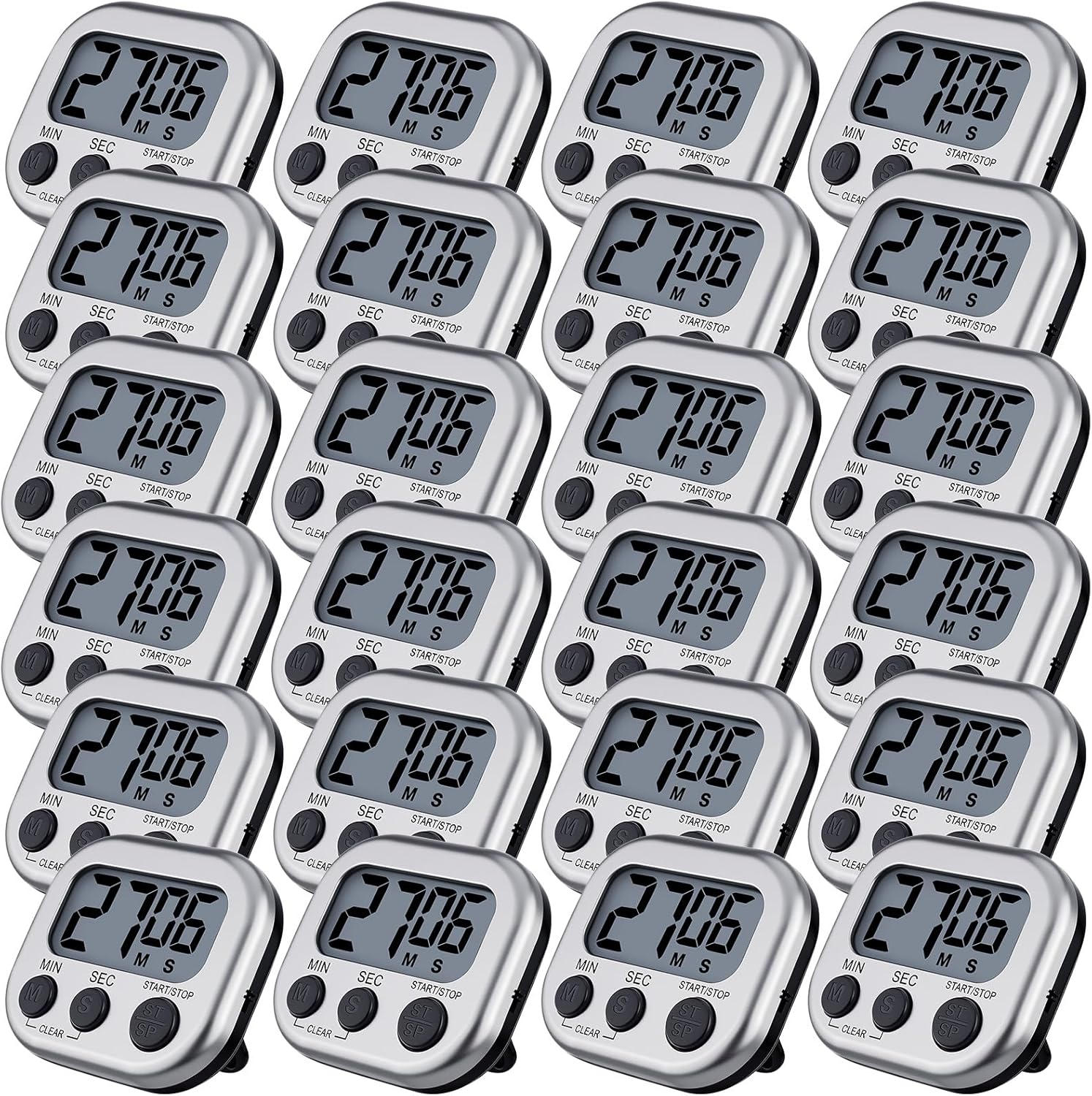 Leumoi 24 Pcs Digital Kitchen Timers Magnetic Back Timers Bulk Large Screen Loud Alarm On/Off Switch Minute Second Count up Countdown Memory Setting for Cooking Classroom Exercise (Sliver and Black)