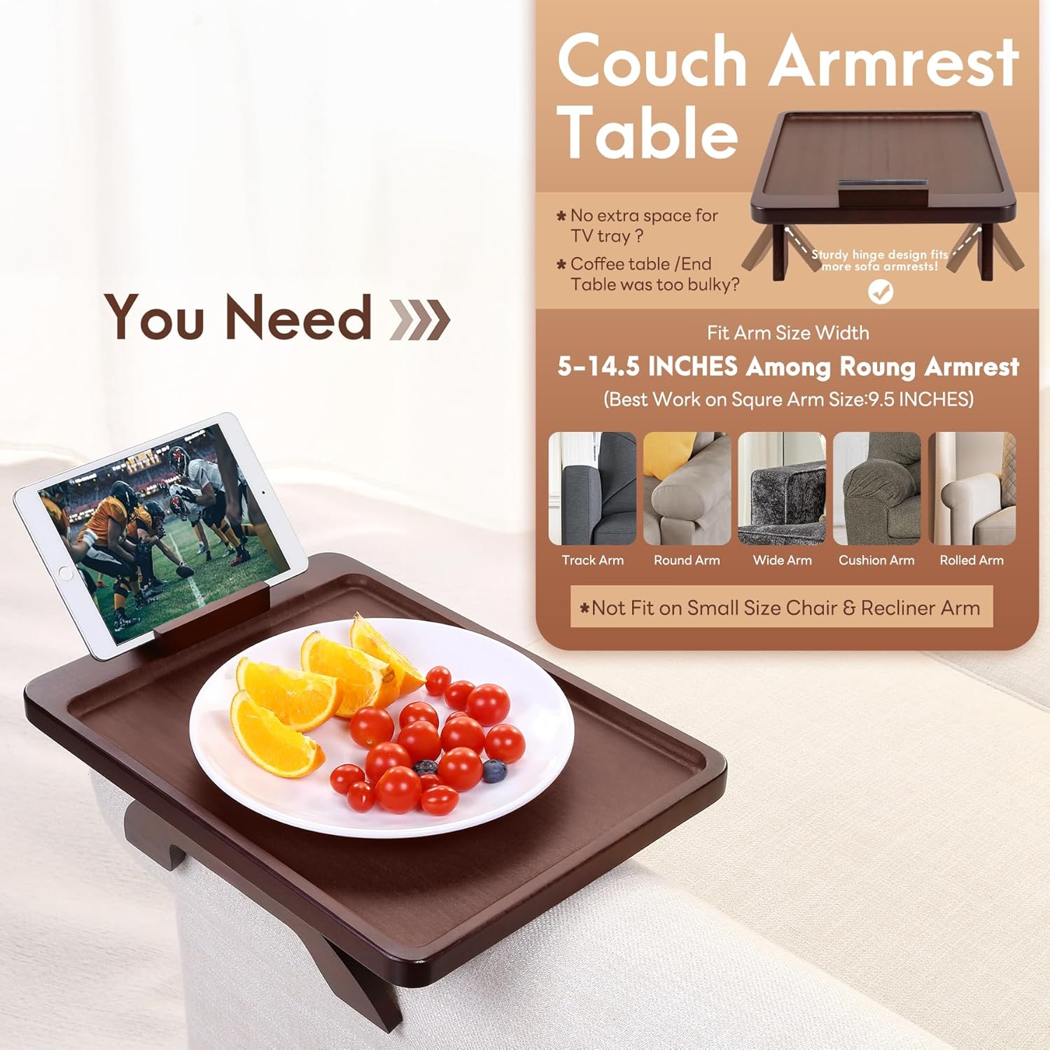 SINWANT Couch Armrest Table, Large Bamboo Couch Arm Table 360° Phone Holder,Foldable Sofa Arm Tray for Eating Drinking Snacks Remote on Chair Armrest