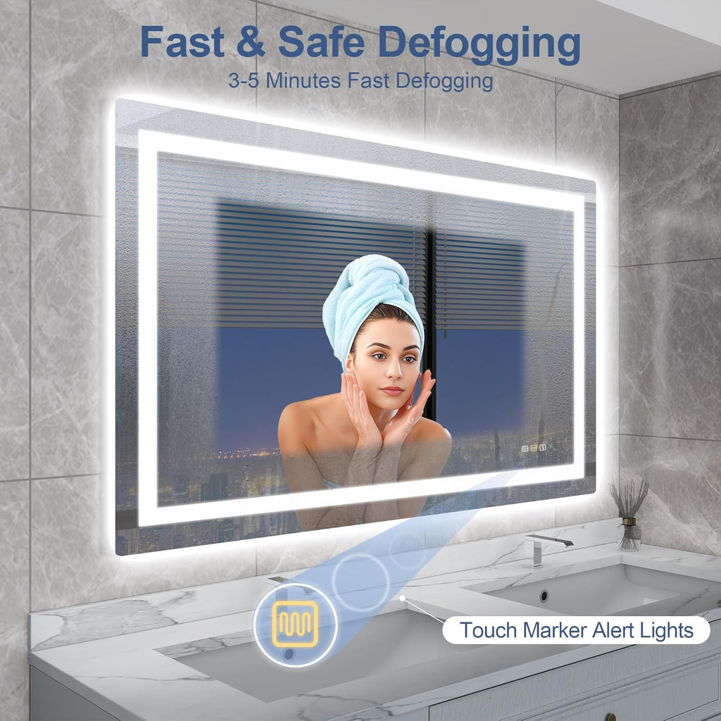 STARLEAD Led-Bathroom-Mirror-with-Lights, 59"x35" Wall-Mounted with 3 Colors Dimmable Light, Bluetooth Speaker, Anti-Fog, Memory, Tempered Glass, Front & Backlit (Horizontal/Vertical)