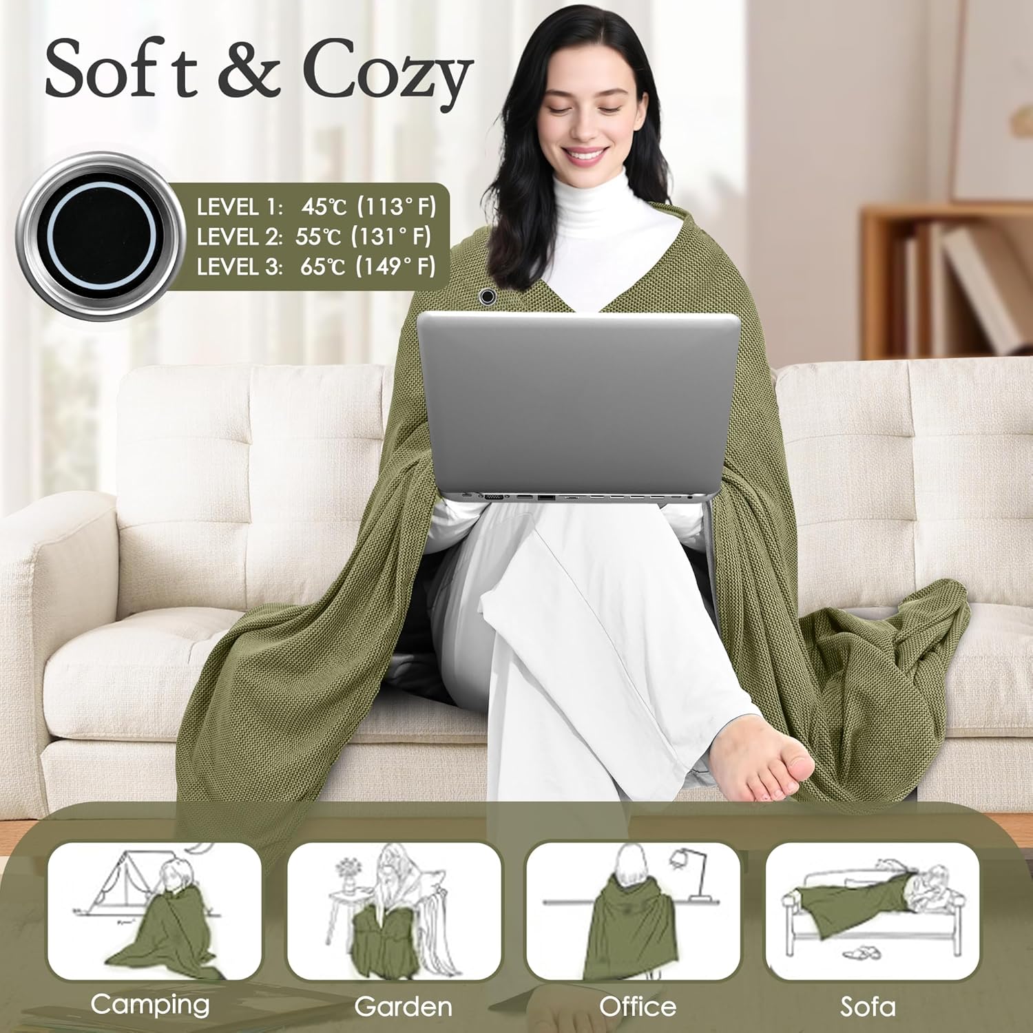 Wearable Heated Blanket Shawl 71" × 43", Includes 2× 20000mAh 22.2W Power Bank, 11 Heating Zones, 3 Heat Levels & 1–6H Timer, 20s Fast Warm, Machine Washable for Camping/Office/Travel (Green)