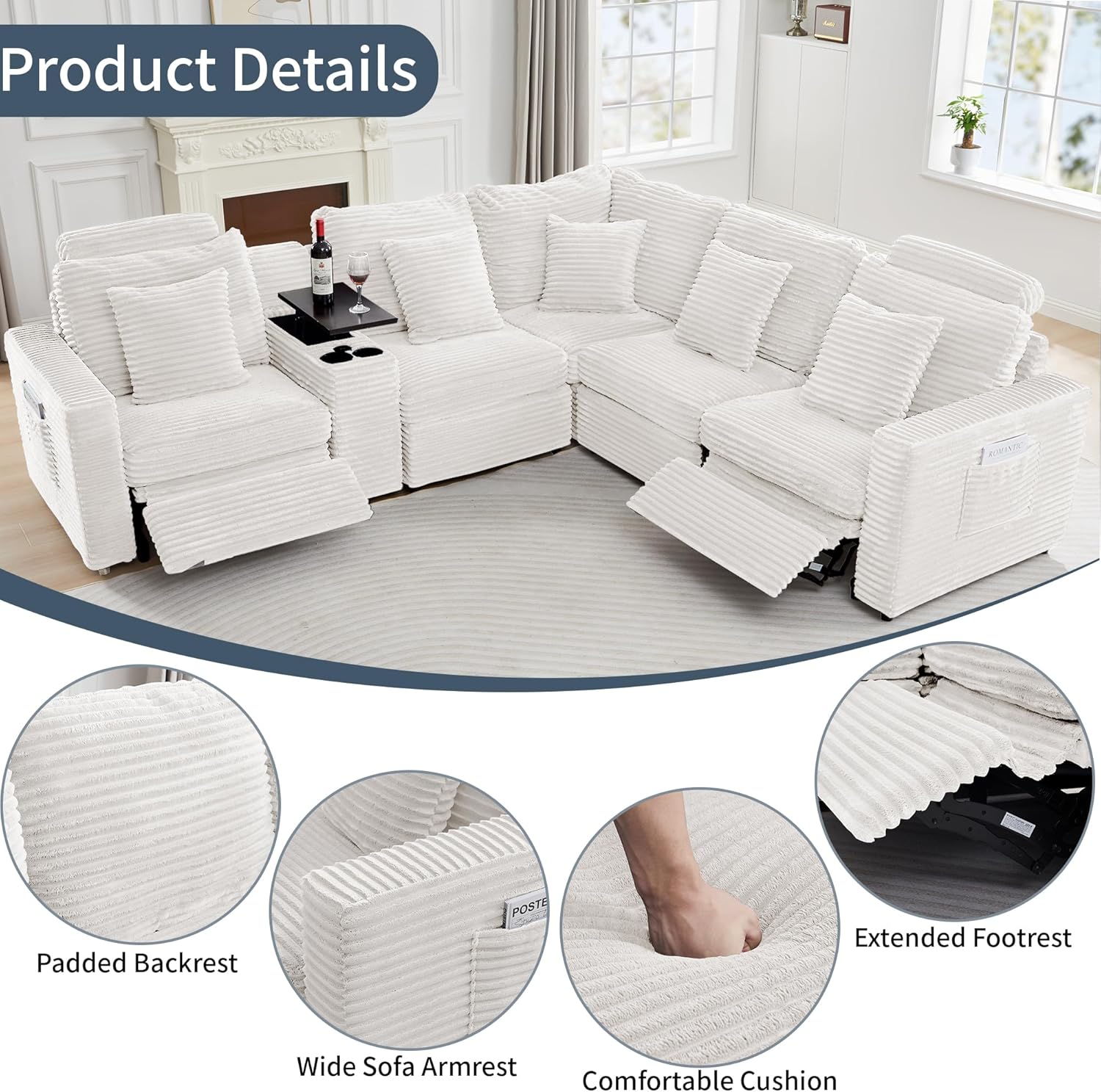 LEVNARY 5-Seat L Shaped Modular Sectional Sofa with Power Recliners, Faux Rabbit Fur Upholstery, Storage Console with Charging Ports & Cup Holders, Living Room Couch Set for Home Office (White)