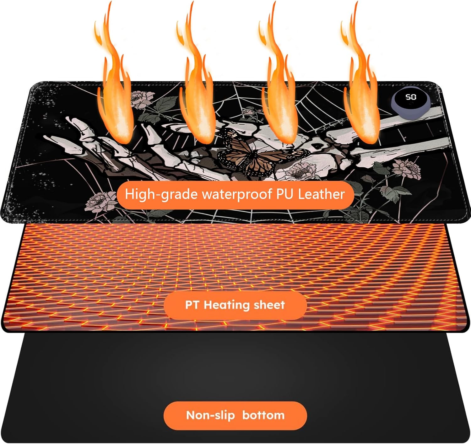 Heated Mouse Pad with 3 Levels Heated & 3 Hours Auto Shut-Off Mouse Pad for Warming Hands in Office Home, 23.6" x 14.2"Large Safe Desk Mat Hand Warmer，Skeleton Hand Spider Web