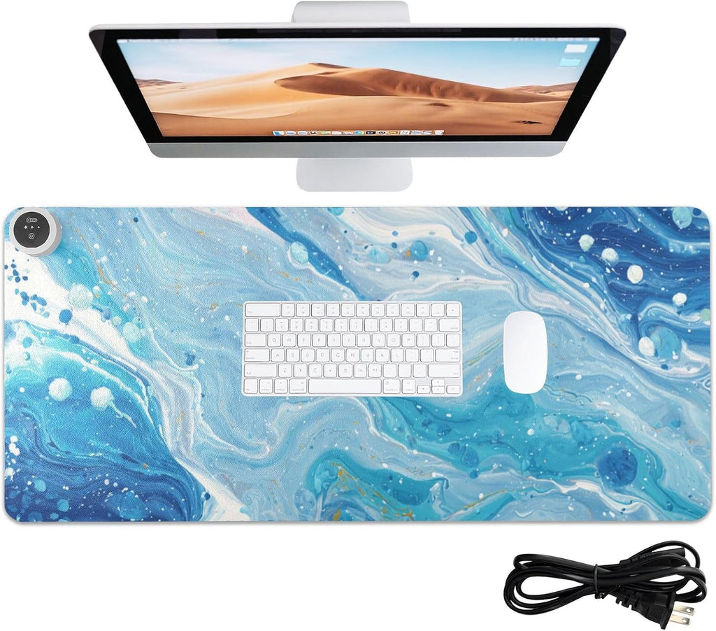 Heated Desk Pad Mouse Pad 31.5x13 Inch PU Leather Desk Mat with 3 Heat Levels Large Mouse Gaming Computer Laptop Mat Blue and White Marble Spots
