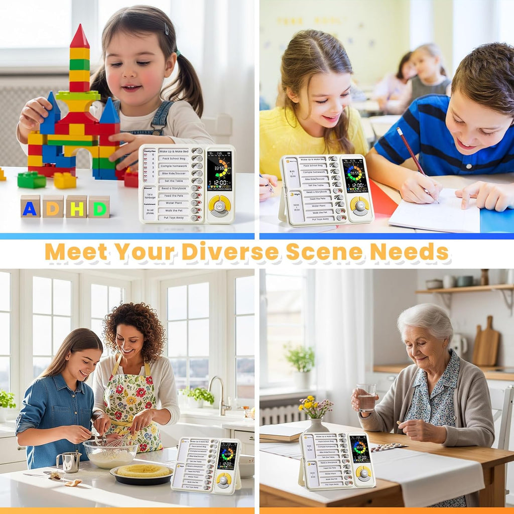 5 IN 1 Visual Timer for Kids/Adults with Chore Chart, ADHD Tools 12/24H Silent Task Timer and Pomodoro Timer, ADHD & Autism Sensory Products, Visual Schedule for Kids Back to School Supplies Off-white