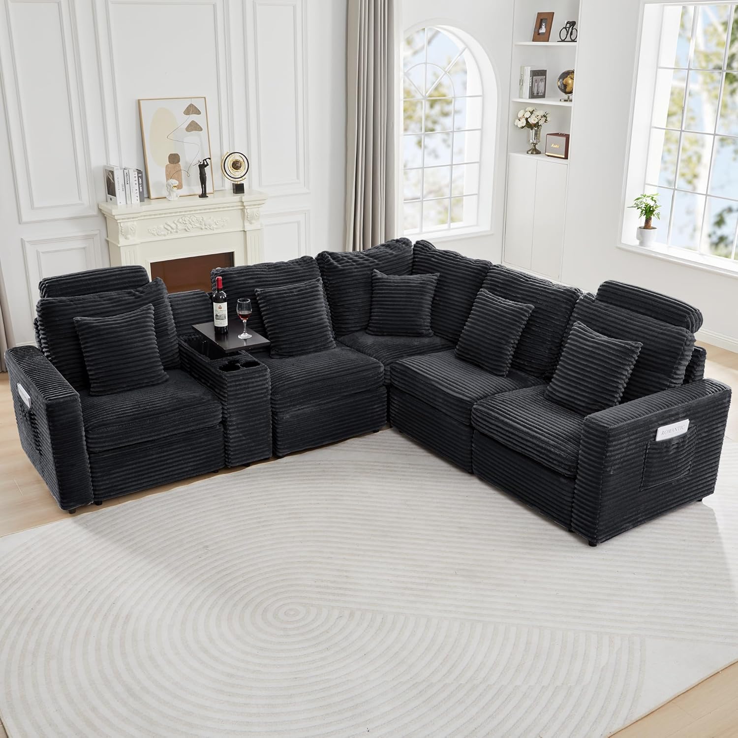 LEVNARY Modular Armless Chair Set of 2, Faux Rabbit Fur Upholstered Single Seat for Sectional Sofa Expansion (Black)