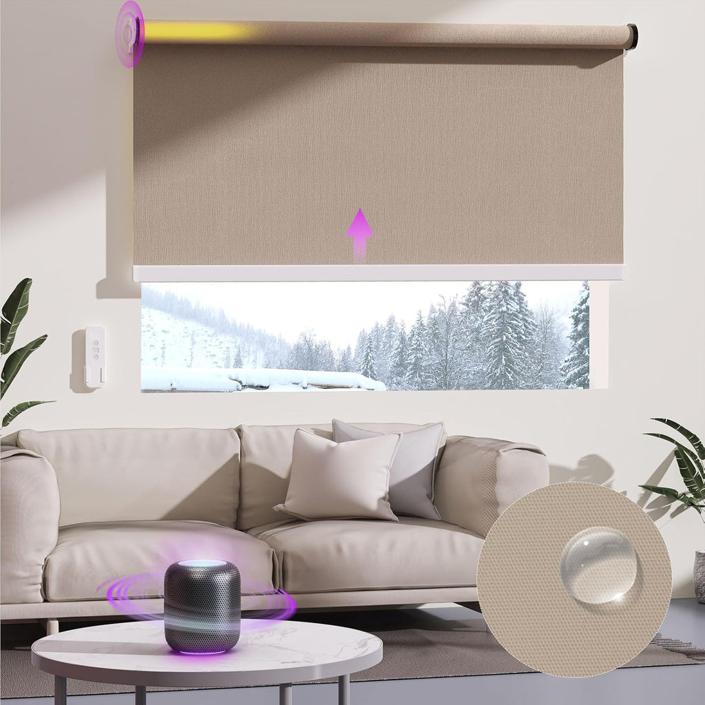 Astomi Motorized Roller Shades for Windows, Blackout Smart Blinds for Indoor, Effortless Remote & Voice Control, Compatible with Alexa, Google Home, Custom Size, Vinyl-Caramel