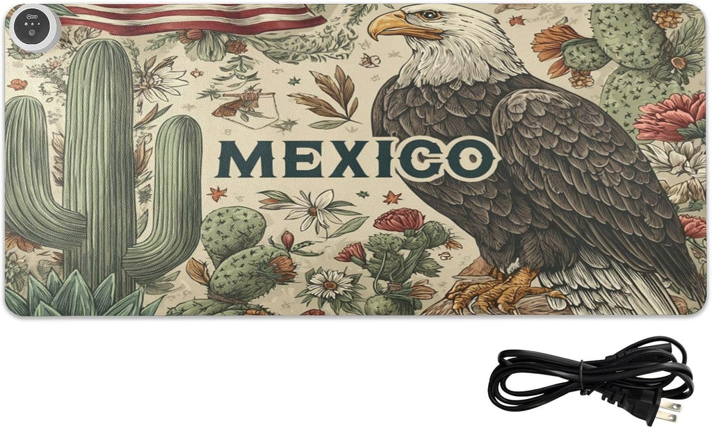 Heated Desk Pad Mouse Pad 31.5x13 Inch PU Leather Desk Mat with 3 Heat Levels Large Mouse Gaming Computer Laptop Mat Retro Mexico American Eagle Cactus Beige