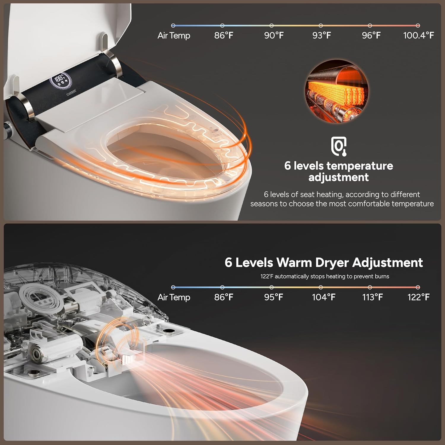 CANEST Smart Toilet with Bidet Built in, Elongated Toilets with Heated Seat, Auto Open Close, Foot Sensor, Warm Water and Dryer, Remote Control, LED Display, Night Light, Auto Deodorization (TC-400BK)