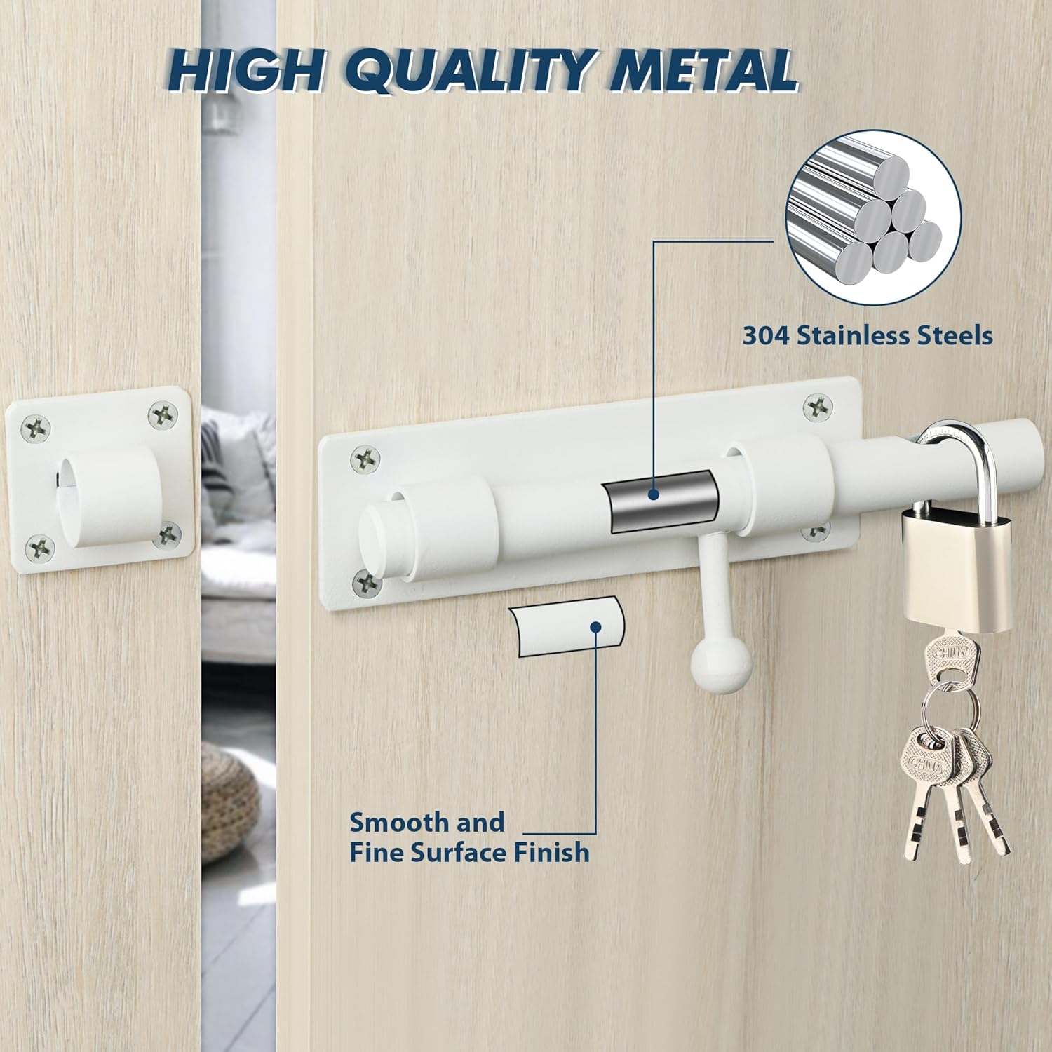 Alise 8 inch Barrel Bolt Latch,Slide Bolt Latch,Heavy Duty Solid SUS304 Stainless Steel Slide Lock for Wooden Fence,Barn Door,Interior or Outdoor Door White