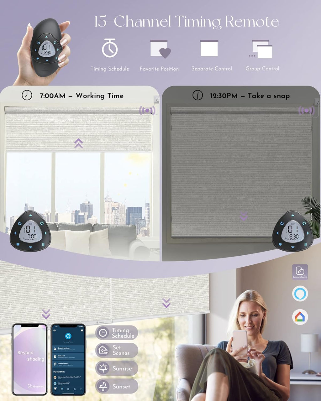 Graywind Smart Blackout Roller Shades Compatible with Alexa Google WiFi Hardwired Textured Fabric Motorized Blinds Remote Window Shades, Custom Size (Metallic Fuscous Grey)