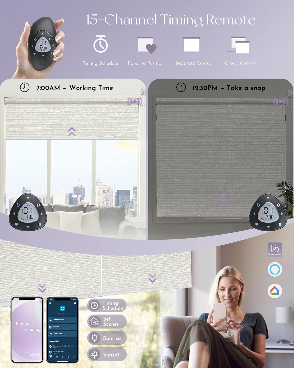 Graywind Smart Blackout Roller Shades Compatible with Alexa Google WiFi Hardwired Textured Fabric Motorized Blinds Remote Window Shades, Custom Size (Metallic Fuscous Grey)