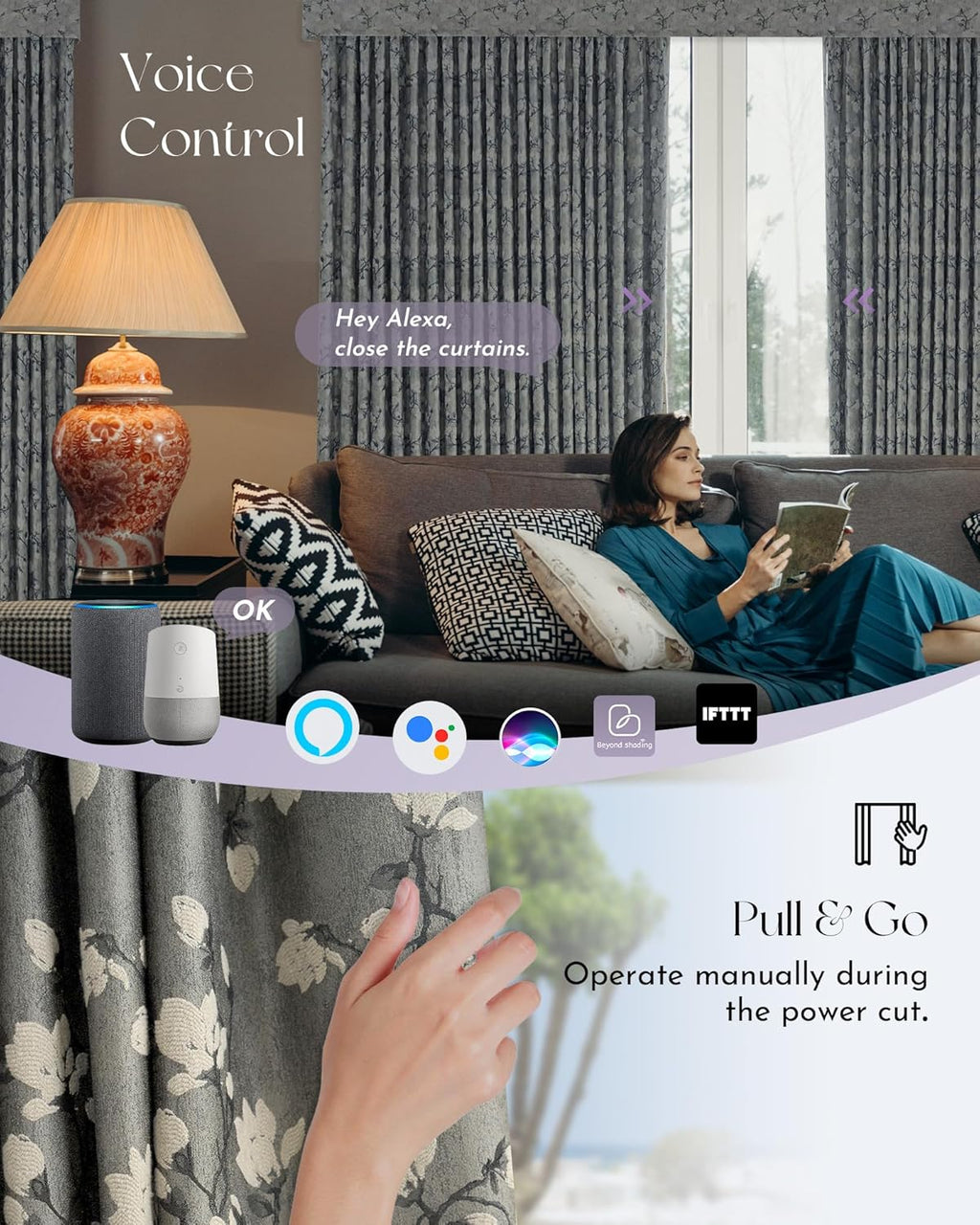 Graywind Hardwired Smart Curtains Compatible with Alexa Google Remote Control Motorized Drape for Sliding Door One-Way or Split Draw, Custom Width to 220" (Kapok Series)