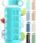 purifyou 40oz / 32oz / 22oz / 12oz Borosilicate Glass Water Bottle with Time & Volume Markers, Silicone Sleeve, Stainless Steel Lid | Reusable Glass Bottle for Water & Juice (22oz Aqua Blue)