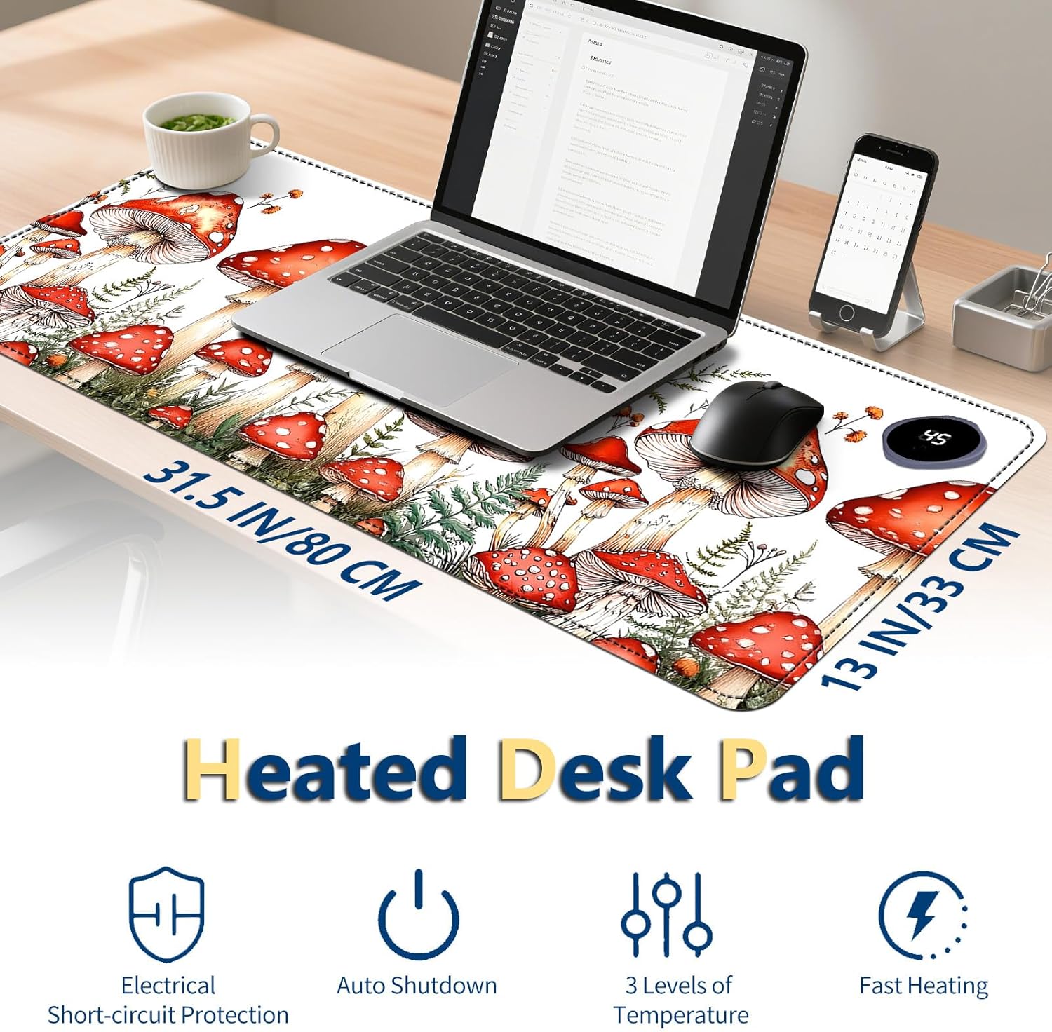 Heated Mouse Pad with 3 Temperature Settings(104°F–122°F),Large 31.5x13 Inch PU Leather Heated Desk Mat,Waterproof Warming Pad for Office,Gaming & Cold Hands Relief,Red Mushroom